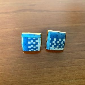 Vintage Earrings - Blue square earrings with gold trim